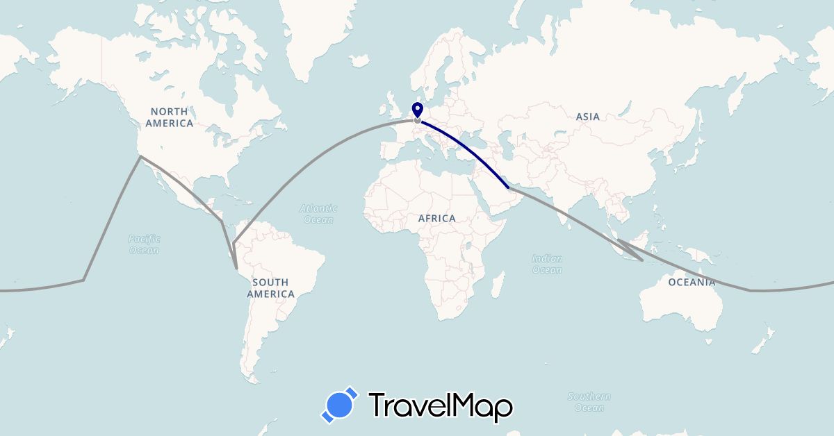 TravelMap itinerary: driving, plane in Costa Rica, Germany, Ecuador, France, Indonesia, New Caledonia, Peru, Qatar, Singapore, United States (Asia, Europe, North America, Oceania, South America)